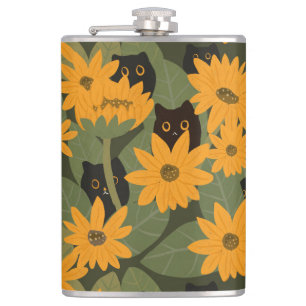 Seamless Black Cat and Sunflower Pattern Hip Flask