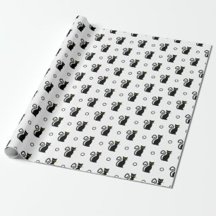 Seamless Black Cats White Halloween Wrapping Paper