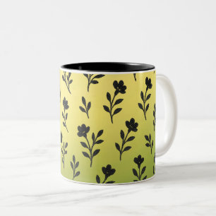 Seamless Black Floral Motifs Pattern Two-Tone Coffee Mug