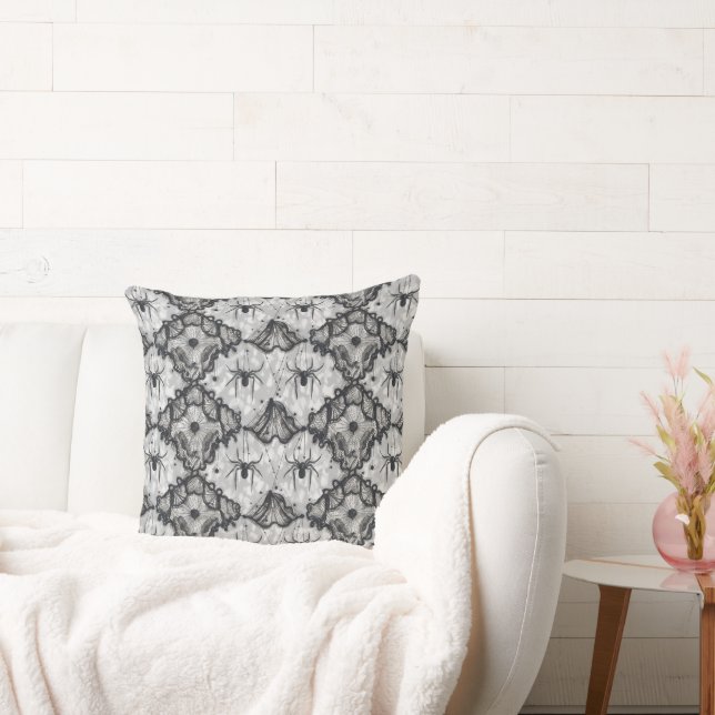Seamless Black Lace Spider Web Pattern – Elegant  Throw Pillow (Couch)