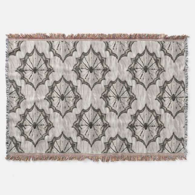 Seamless Black Lace Spider Web Pattern on White –  Throw Blanket (Front)