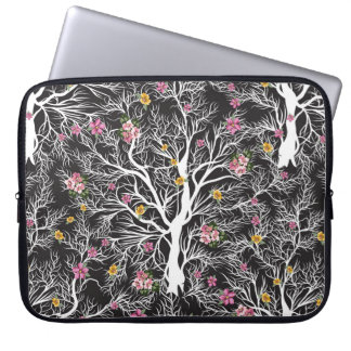 seamless black tree with colourful flower pattern laptop sleeve