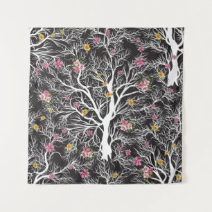 seamless black tree with colourful flower pattern tapestry