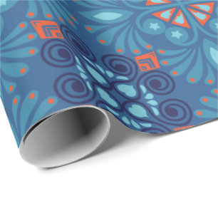 Seamless blue and orange floral pattern wrapping paper