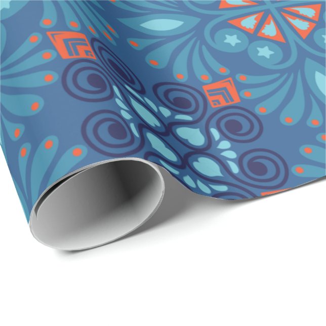 Seamless blue and orange floral pattern wrapping paper (Roll Corner)