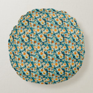 Seamless Blue, White, and Yellow Daisy Flower Round Pillow