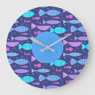 Seamless boho flat pattern with doodle fishes large clock