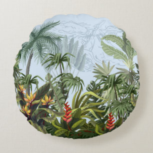 Seamless border with jungle trees and flowers. Vin Round Pillow