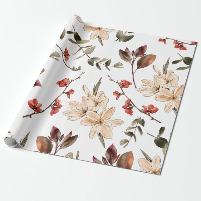 Seamless botanical pattern with white backgroundpa wrapping paper (Unrolled)
