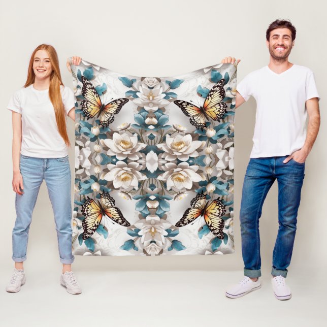Seamless Butterfly & Flower Pattern Elegant Floral Fleece Blanket (In Situ)