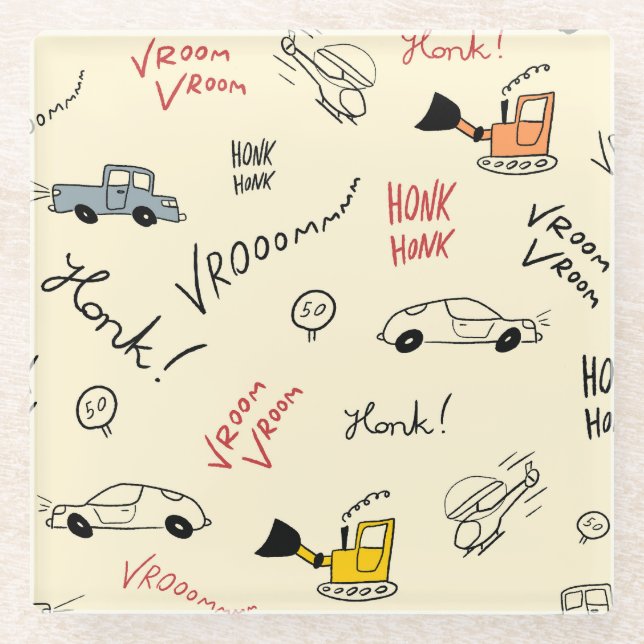 Seamless Car Drawings: Kids Bedsheet Glass Coaster (Front)
