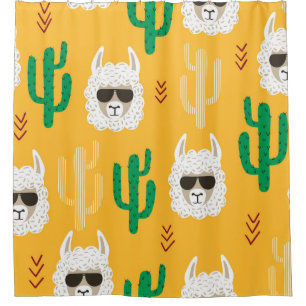 Seamless cartoon llama and cactus pattern in brigh