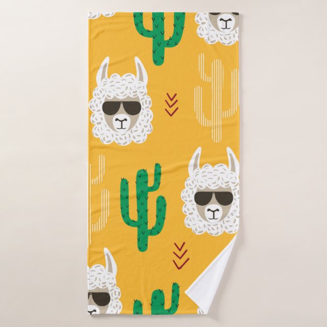 Seamless cartoon llama and cactus pattern in brigh bath towel (Bath Towel)