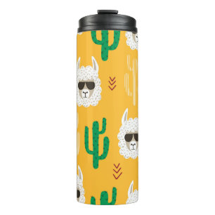 Seamless cartoon llama and cactus pattern in brigh thermal tumbler
