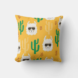 Seamless cartoon llama and cactus pattern in brigh throw pillow