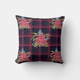 Seamless chequered plaid tartan flowers floral bla throw pillow