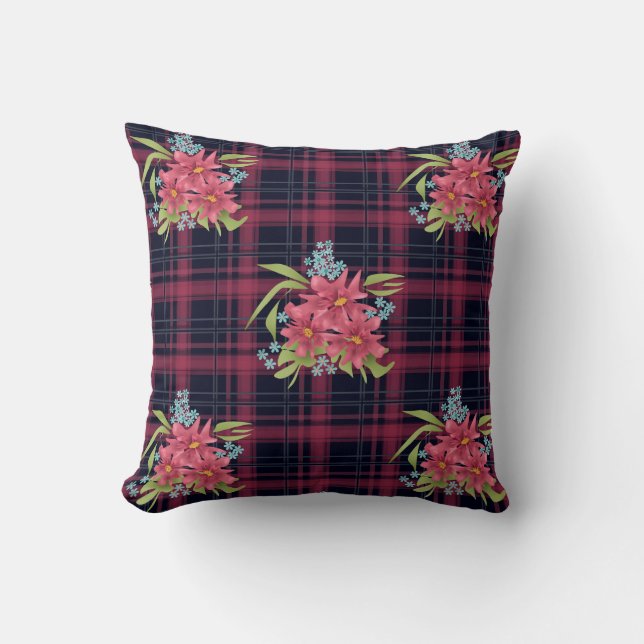 Seamless chequered plaid tartan flowers floral bla throw pillow (Front)