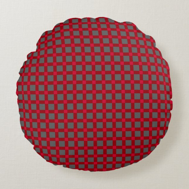 Seamless chequered plaid tartan pattern red grey round pillow (Front)