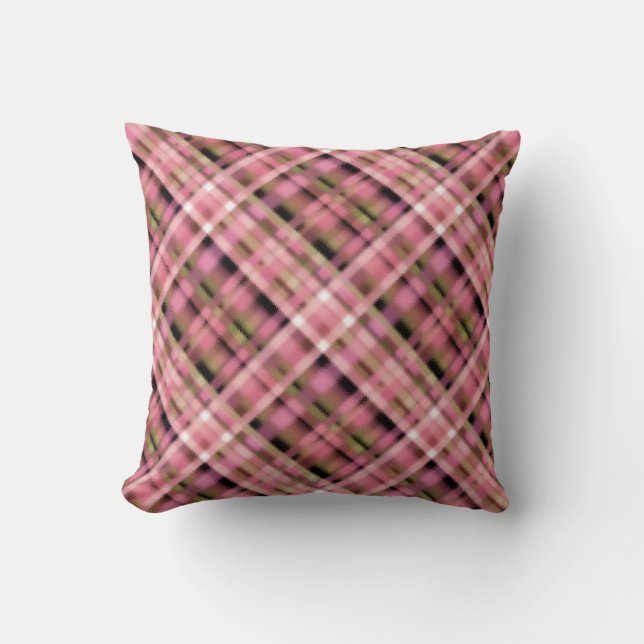 Seamless chequered plaid tartan pink black white p throw pillow (Front)