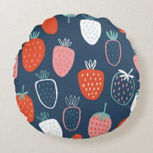 Seamless childish pattern with hand drawn strawber round pillow