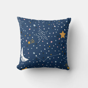 Seamless childish pattern with night starry sky. C Throw Pillow