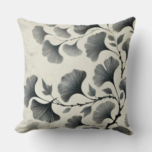 Seamless Chinese Ink Painting Ginkgo Leaf Pattern Throw Pillow