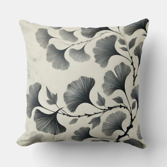 Seamless Chinese Ink Painting Ginkgo Leaf Pattern Throw Pillow (Front)