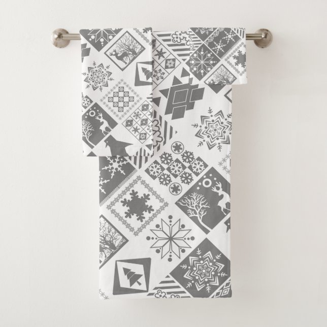 Seamless Christmas patchwork snowflake snow deer t Bath Towel Set (Insitu)