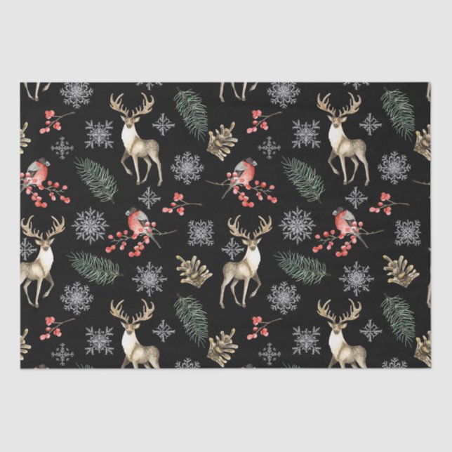 Seamless Christmas Pattern With Deer & Bullfinches Tissue Paper (Front)