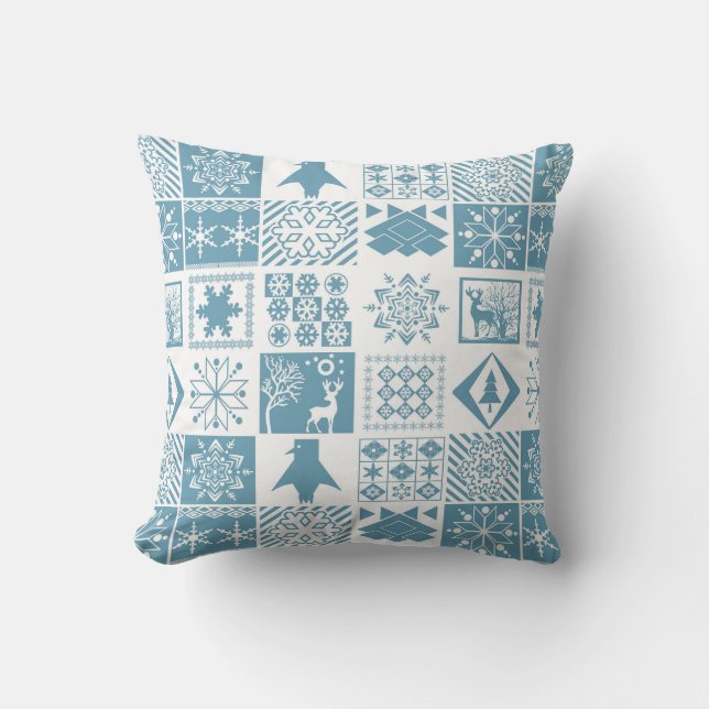 Seamless Christmas winter patchwork snowflakes pin Throw Pillow (Front)