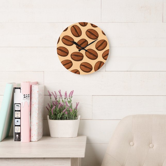Seamless Coffee Bean Pattern | Warm Brown Café  Large Clock (Reading Room)