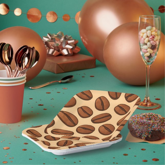 Seamless Coffee Bean Pattern | Warm Brown Café  Paper Plate (Multi)