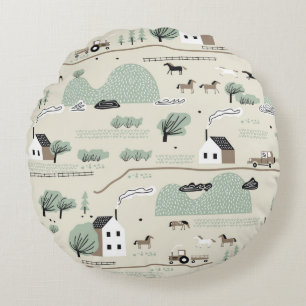 Seamless colorful pattern with house, trees, horse round pillow