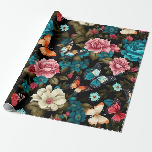 Seamless Colourful Butterfly and Floral Wrapping Paper (Unrolled)