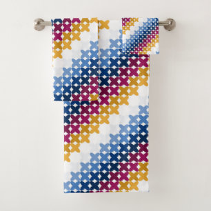 Seamless colourful cross stitch pattern bath towel set