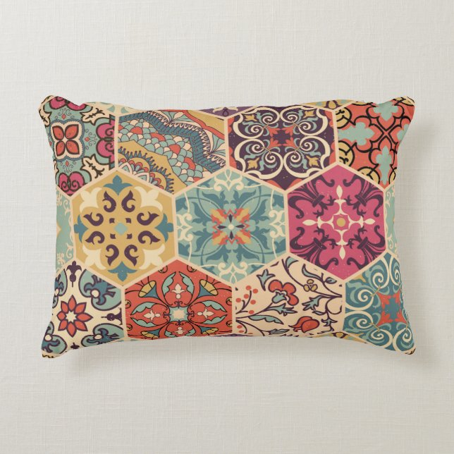 Seamless colourful patchwork tile with Islam, Arab Accent Pillow (Front)