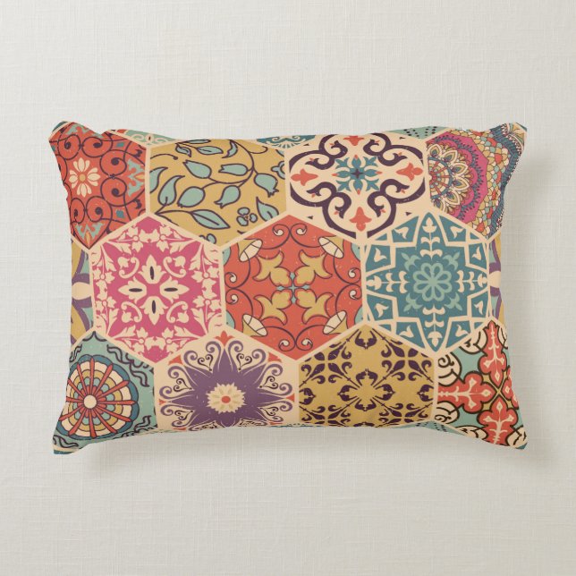 Seamless colourful patchwork tile with Islam, Arab Accent Pillow (Front)