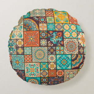 Seamless colourful patchwork tile with Islam, Arab Round Pillow