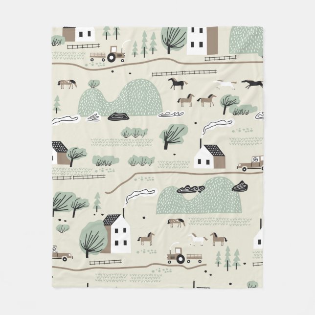 Seamless colourful pattern with house, trees, hors fleece blanket (Front)