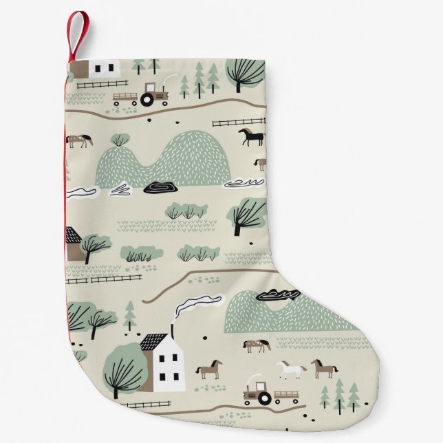 Seamless colourful pattern with house, trees, hors small christmas stocking (Front)