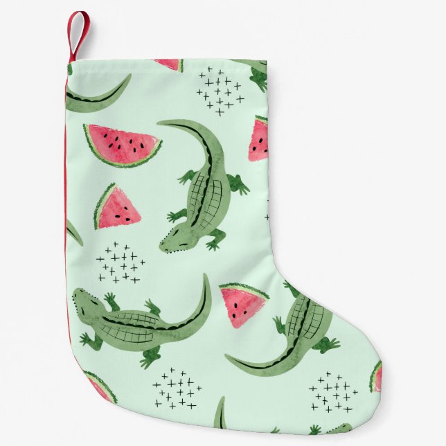 Seamless crocodile pattern with watermelon slices. small christmas stocking (Front)