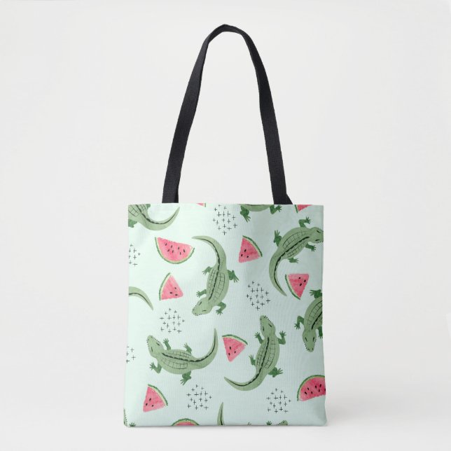 Seamless crocodile pattern with watermelon slices. tote bag (Front)