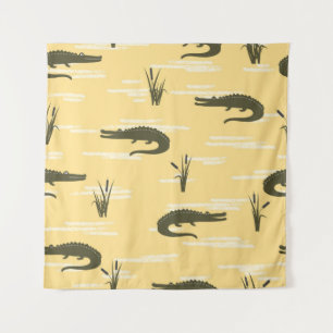 Seamless crocodiles pattern. Vintage yellow backgr Tapestry