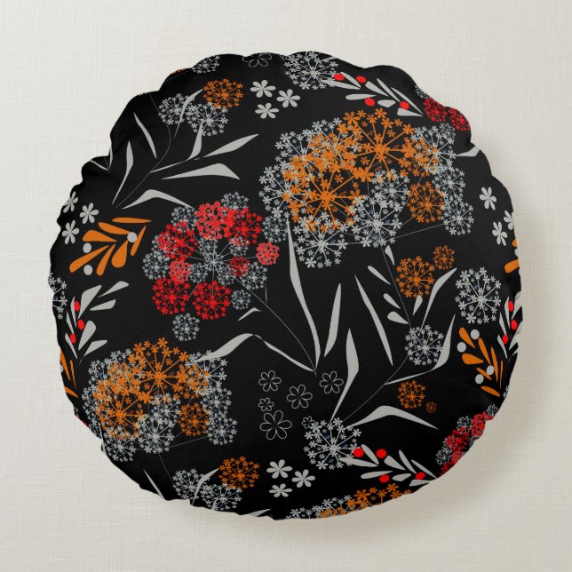 Seamless cute small flowers floral pattern black v round pillow (Front)