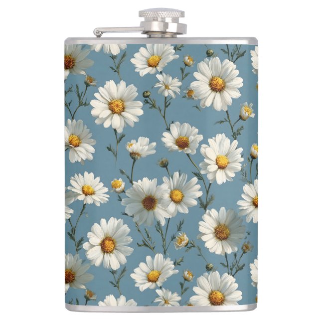 Seamless Daisy Flower Pattern on Blue Hip Flask (Front)