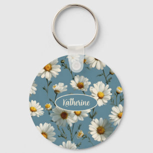 Seamless Daisy Flower Pattern on Blue Keychain