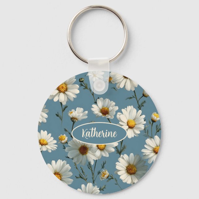 Seamless Daisy Flower Pattern on Blue Keychain (Front)