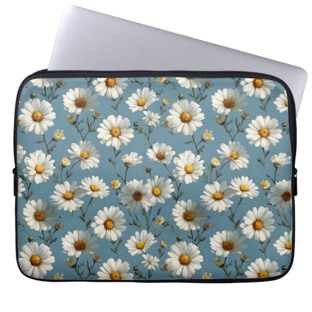 Seamless Daisy Flower Pattern on Blue Laptop Sleeve (Front)