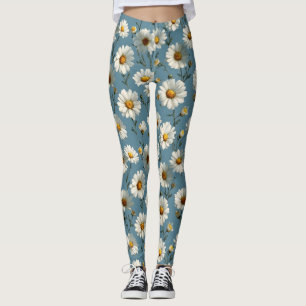 Seamless Daisy Flower Pattern on Blue Leggings
