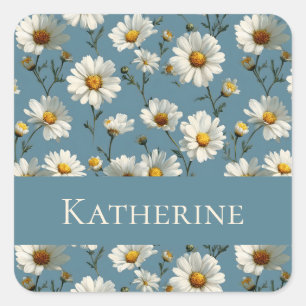 Seamless Daisy Flower Pattern on Blue Square Sticker
